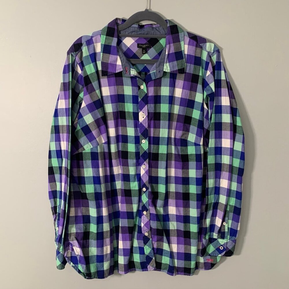 Talbots Woman Purple Green‎ Blue Gingham Plaid Cotton Button Down Shirt 1X